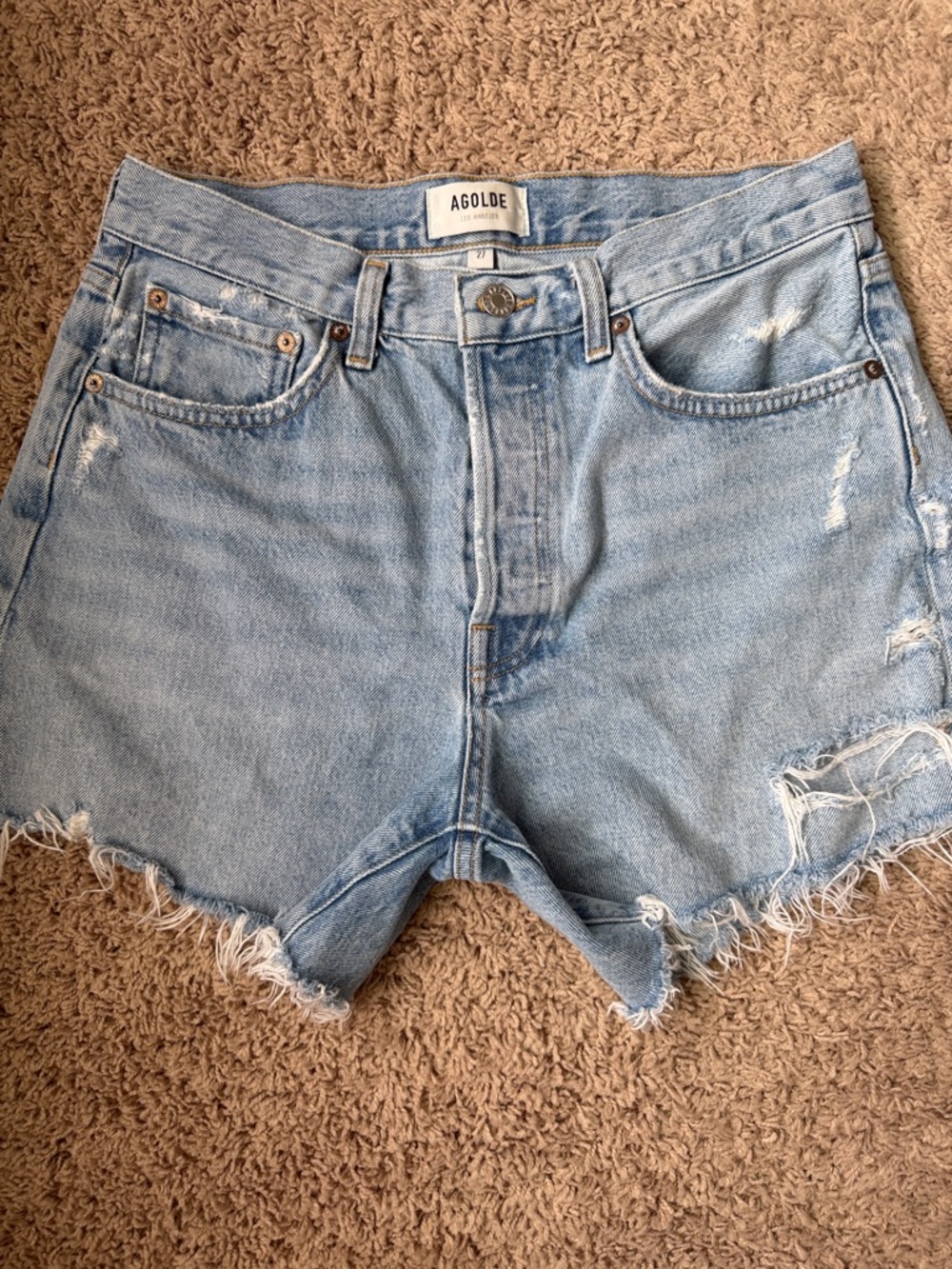 Agolde Parker Long Light Wash Distressed Denim Shorts